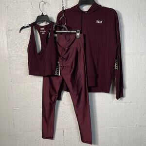 DKNY 3 Piece workout set, sweatshirt, legging, bra. maroon XS $140 MSRP